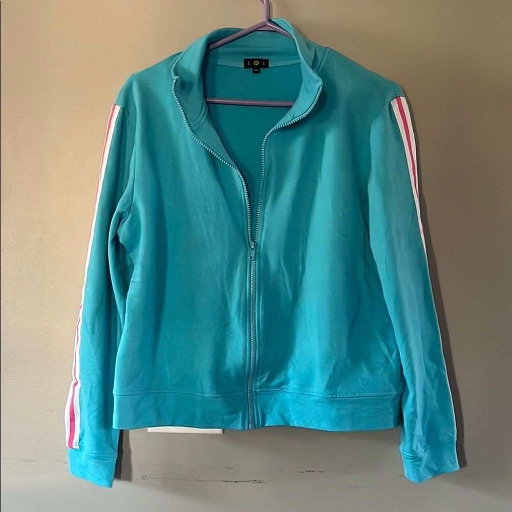 Teal Zip-Up Jacket with White and Pink Stripe down the arm.